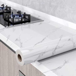 LXCREAT Glossy Marble Wallpaper Peel and Stick Countertops Contact Paper for Cabinets 23.6 Inch x 118 Inch Gray and White Self Adhesive Granite Wall Paper Thick Kitchen Bathroom Decoration